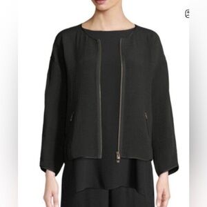 Eileen Fisher Silk Blend Textured Zip Up Jacket Black Sz XS